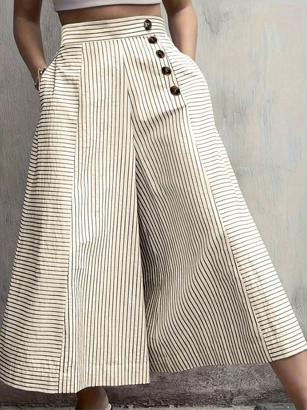 Apricot Casual Wide Leg Women's Front Button Pocket High Waisted Pants